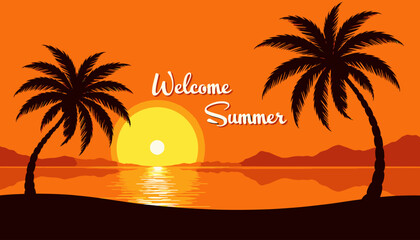 Obraz premium Tropical Beach Scene at Sunset with Silhouetted Palm Trees and Vibrant Orange Sky Illustrating the Warm Welcome of the Summer Season