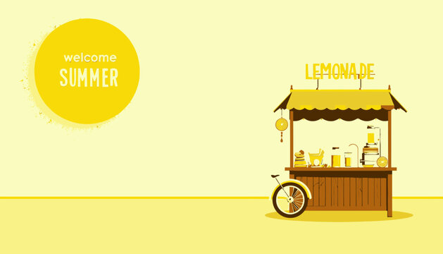 Charming Lemonade Stand Displaying Fresh Summer Beverages with Bright Yellow Colors and Refreshing Citrus in a Sunlit Minimalist Design