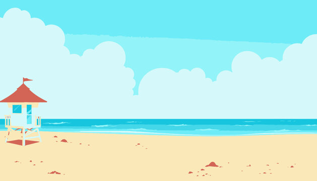 Serene Coastal Landscape with Lifeguard Tower, Expansive Beach, Gentle Shores, and Clear Blue Skies for Ultimate Relaxation Amidst Nature's Beauty
