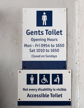 Gents Toilet Opening Times and Accessible Toilet Sign at Thurso Railway Station, Scottish Highlands,  Caithness,  Scotland, UK