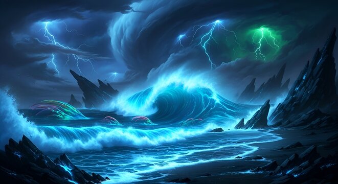 Magical glowing waves crash on a dark fantasy shore