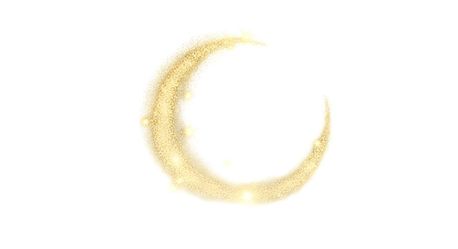Golden crescent moon with sparkling glitter and stars on a black background abstract cosmic element