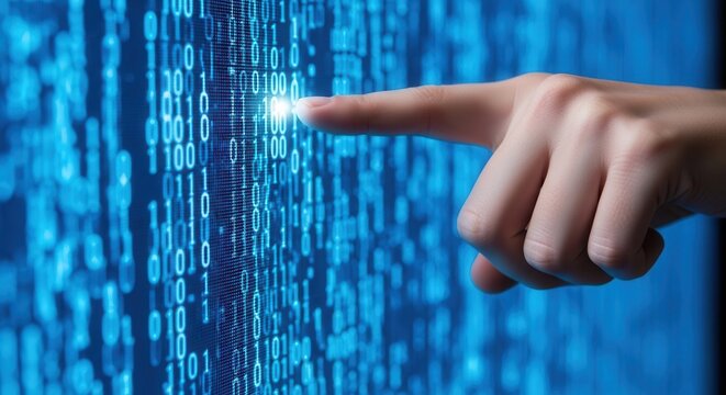 Human hand pointing at digital binary code interface, blue glowing data stream background
