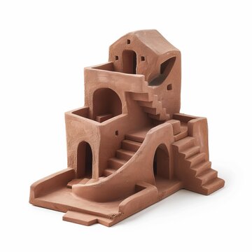 Clay model of a traditional moroccan kasbah showcasing its unique architectural style, isolated on white background