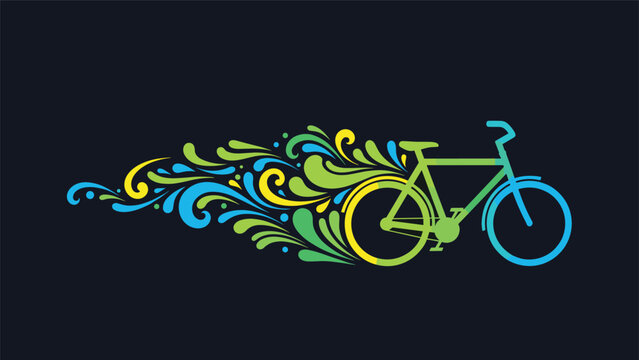 Stylized illustration of bicycle with colorful swirling patterns trailing behind it symbolizing speed and creativity.