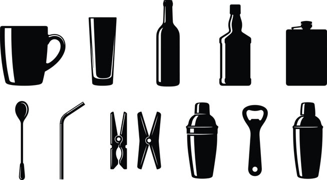 Black and white stylized silhouette illustration set of household and bar tools including mugs, bottles, flasks, shakers, and utensils, perfect for beverage, kitchen, and design purposes