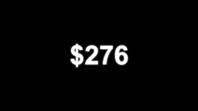 Dollar counting animation from zero to five hundred on a black background, 0 to 500 dollar money counter animation with alpha channel in 4k.