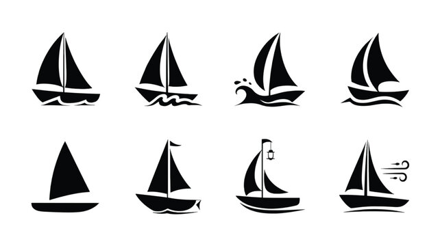 Eight minimalist sailboats glide across calm water surfaces with wind