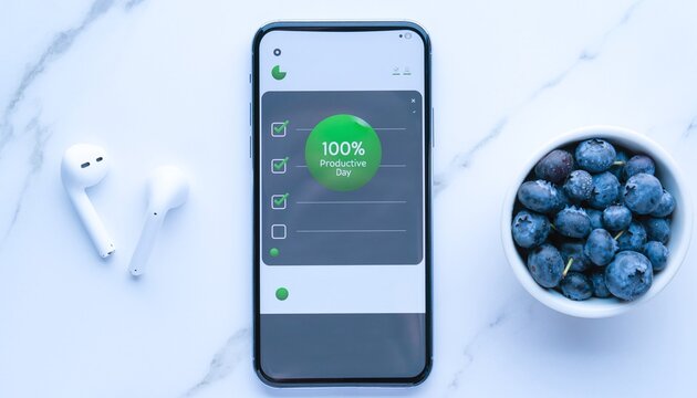 A smartphone showing a completed task list sits by earbuds and blueberries on marble. Ideal for themes of peak performance, healthy workspace habits, and digital wellness lifestyle.
