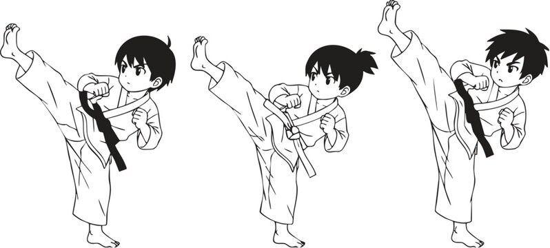 Karate kids performing a karate kick. Caricature anime sketch-style black and white vector illustration with clean outlines, ideal for karate or taekwondo martial arts concept
