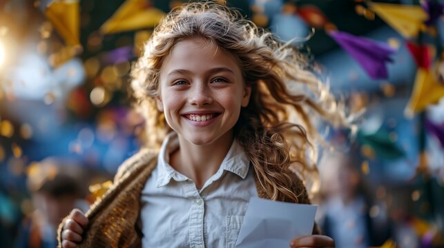 Happy girl runs through the school gate into summer break with report card