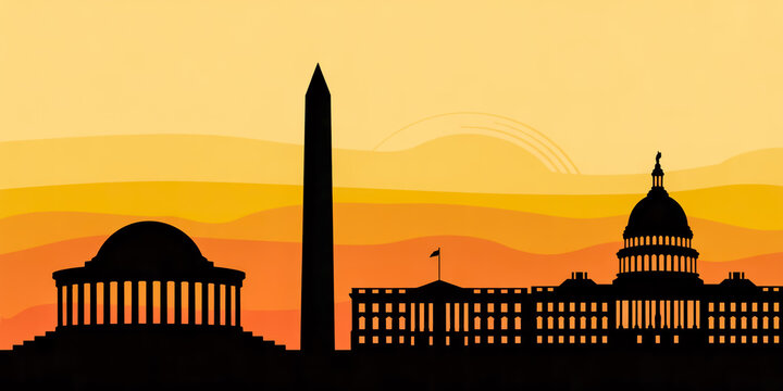 A vibrant illustration of Washington DC landmarks at sunset