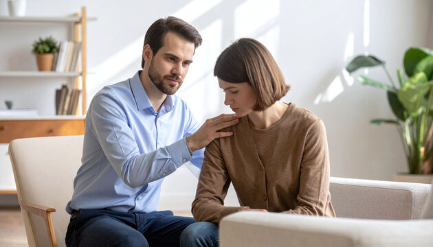 A compassionate man offers emotional support to a stressed woman at home. This empathetic scene represents mental health, care, and compassion. Perfect for wellness and therapy content.