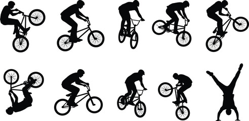 Naklejka premium BMX Cycling Action Vector Set with Stunts, Tricks, and Riders Performing Extreme Sports for Fitness and Adventure Designs