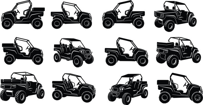 Black and white stylized silhouette illustration set of twelve off-road utility vehicles (UTVs) with varied designs, roll cages, and cargo areas, perfect for transport and recreation purposes