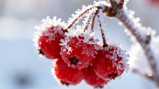 Vibrant red winter berries covered in delicate white frost and intricate ice crystals on a cold morning.