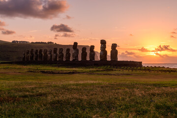 Majestic ancient moai statue stands peaceful at sunrise on easter island chile © Jirawatfoto