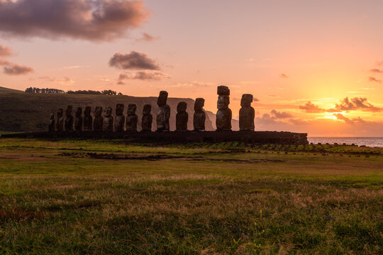 Majestic ancient moai statue stands peaceful at sunrise on easter island chile