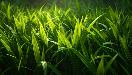 Fototapeta premium Sunlight illuminates a dense field of vibrant green grass, creating a tranquil and natural scene.