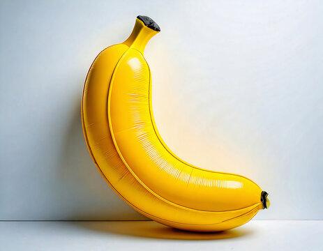 This vibrant yellow inflatable banana balloon leans against a clean white wall. A playful pop art concept, perfect for quirky advertising, fun summer themes, and minimalist design projects.