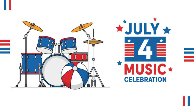 4th of July, patriotic music, celebration icons, red white blue, drum set, vector graphics