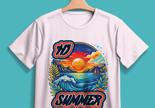 Summer Sunset Ocean Landscape T Shirt Graphic Illustration Vintage Beach Style Design