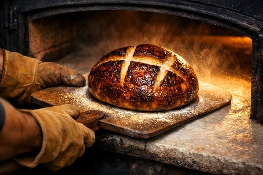 Baker removing rustic loaf of bread from a stone oven with a peel, steam rising