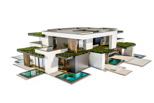 3d rendering of two-story house with parking and pool for sale or rent with concrete facade and beautiful landscaping on background. Clear sunny day isolated on white