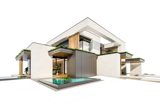 3d rendering of two-story house with parking and pool for sale or rent with concrete facade and beautiful landscaping on background. Clear sunny day isolated on white