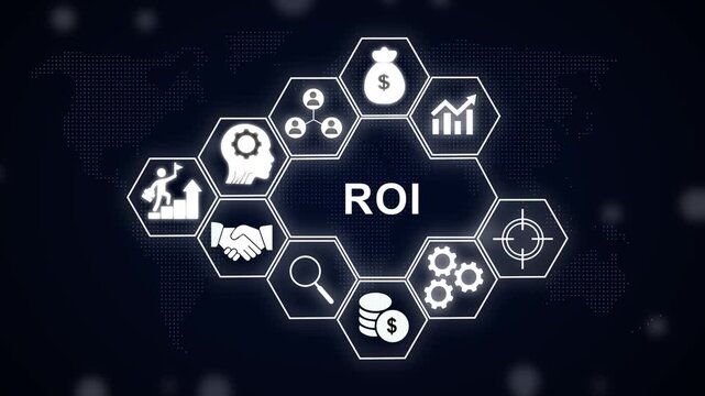 Digital roi return on investment concept with animated business and hexagonal infographic for financial growth strategy, corporate profitability analysis, and marketing