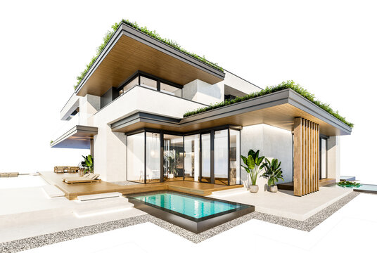 3d rendering of two-story house with parking and pool for sale or rent with concrete facade and beautiful landscaping on background. Clear sunny day isolated on white