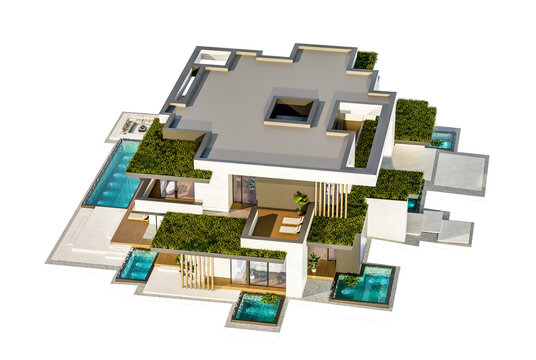 3d rendering of two-story house with parking and pool for sale or rent with concrete facade and beautiful landscaping on background. Clear sunny day isolated on white