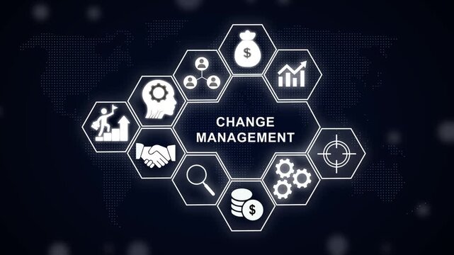 Change management business strategy concept with glowing hexagonal infographic featuring corporate growth, financial success, team collaboration, and digital