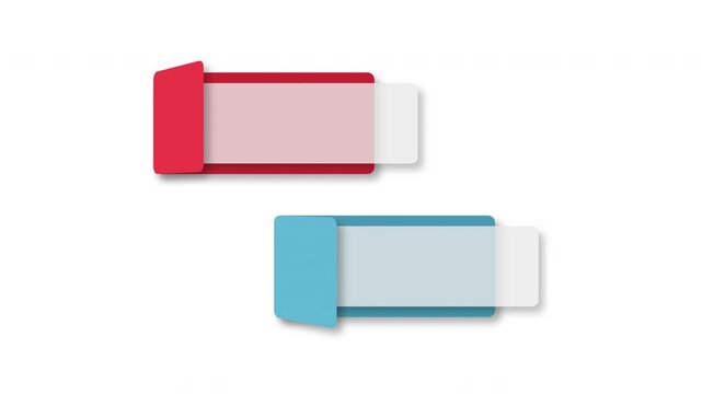 Animated dual folder label slide open with copy space on white background. Red and blue 3D folder tags reveal text area. Perfect for titles and presentations. 4K.