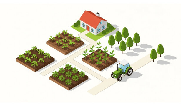 Isometric farm and agriculture vector with garden beds trees tractor and village house modern countryside concept