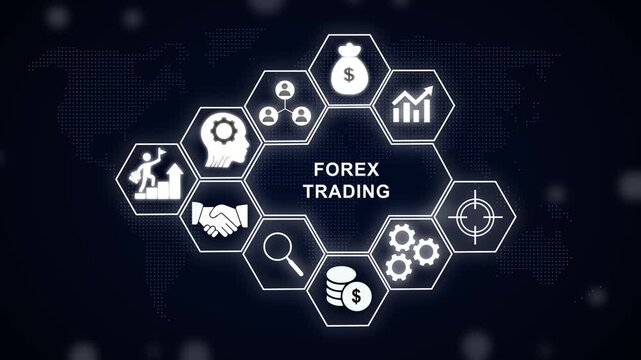 Forex trading digital concept with glowing hexagonal infographic featuring financial growth, market analysis, currency exchange, investment strategy, and global