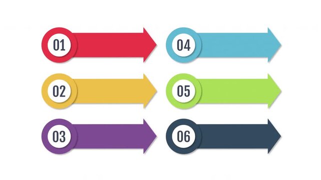 Animated 6-step numbered list infographic with colorful arrow banners on white background. Perfect for process, workflow, and business presentation templates. 4K.