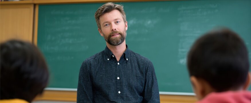 The teacher demonstrates a lesson on the chalkboard in the classroom.