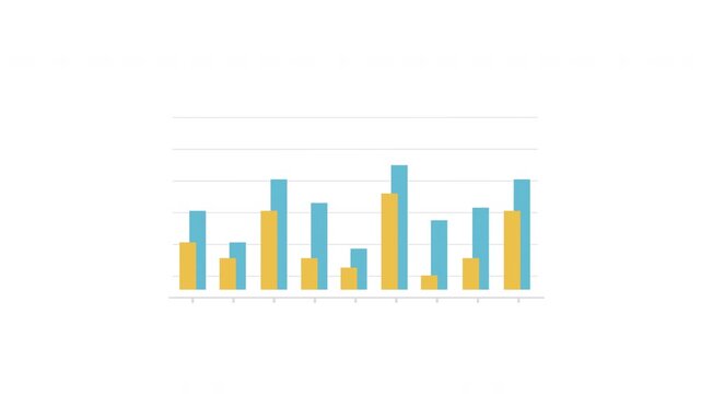 Animated grouped bar chart with dual-color columns growing on white background. Ideal for data comparison, business analytics, and presentation infographics. 4K.