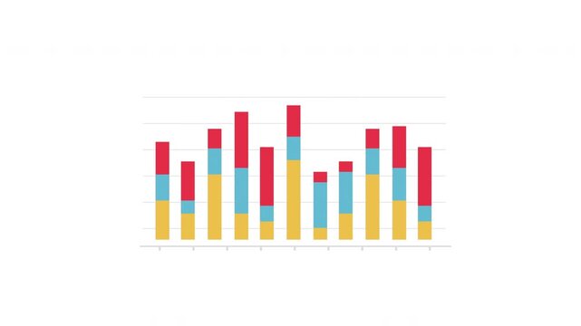 Animated stacked bar chart with 3 color segments growing on white background. Perfect for multi-category data, business analytics, and presentation infographics. 4K.