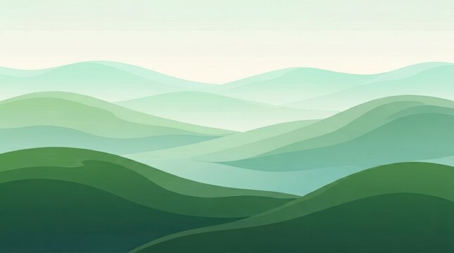 Serene Rolling Hillscape with Layered Mountain Ridges in Soft Greens