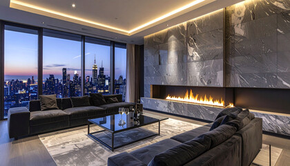 Naklejka premium Luxury penthouse living room with a modern marble fireplace and floortoceiling windows overlooking the New York City skyline at sunset. Perfect for highend real estate marketing.