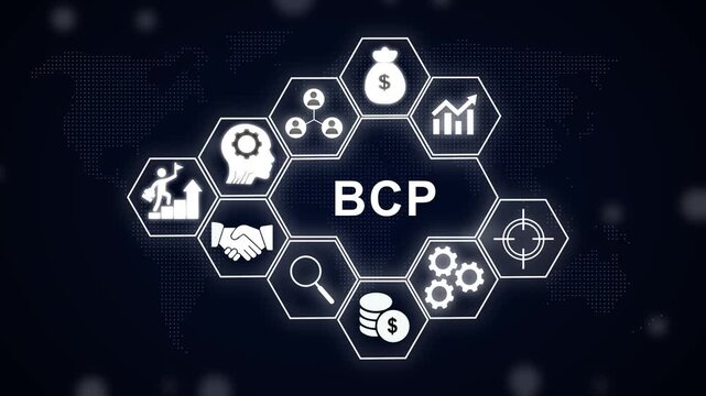 Business continuity planning bcp concept with animated hexagonal featuring financial growth, corporate strategy, team management, and risk assessment symbols on a