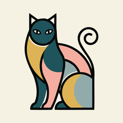 An abstract art deco style cat is depicted sitting gracefully with geometric shapes and bold outlines, on a light cream background. © Brana090