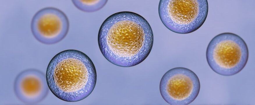 Zoomed-in view of budding yeast cells on a bright backdrop showing reproduction in Saccharomyces cerevisiae