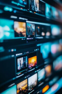 Digital library on computer monitor showing various video and image thumbnails for online media viewing and streaming