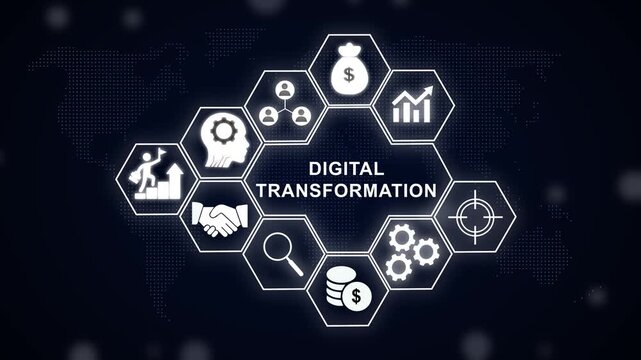 Digital transformation concept with glowing hexagonal infographic representing business strategy, modern technology integration, corporate growth, data analytics, and