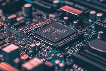 Obraz premium Detail of a computer motherboard showing processor, capacitors, and other electronic components in a close-up view