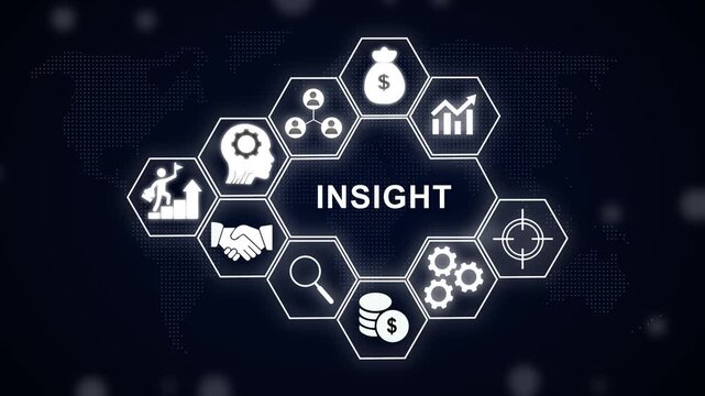 Digital business insight concept with glowing hexagonal infographic featuring growth strategy, financial success, team collaboration, and data analysis for corporate
