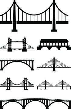 Minimalist bridge silhouette icon set featuring suspension arch cable-stayed and famous architectural landmarks for engineering and travel